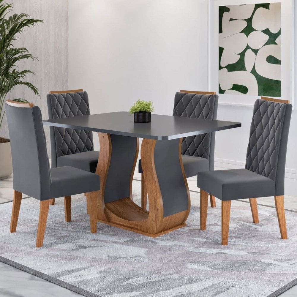 Mesa de Jantar 4 Lugares Lana Marrom/Cinza/Veludo Cinza - Viero Móveis