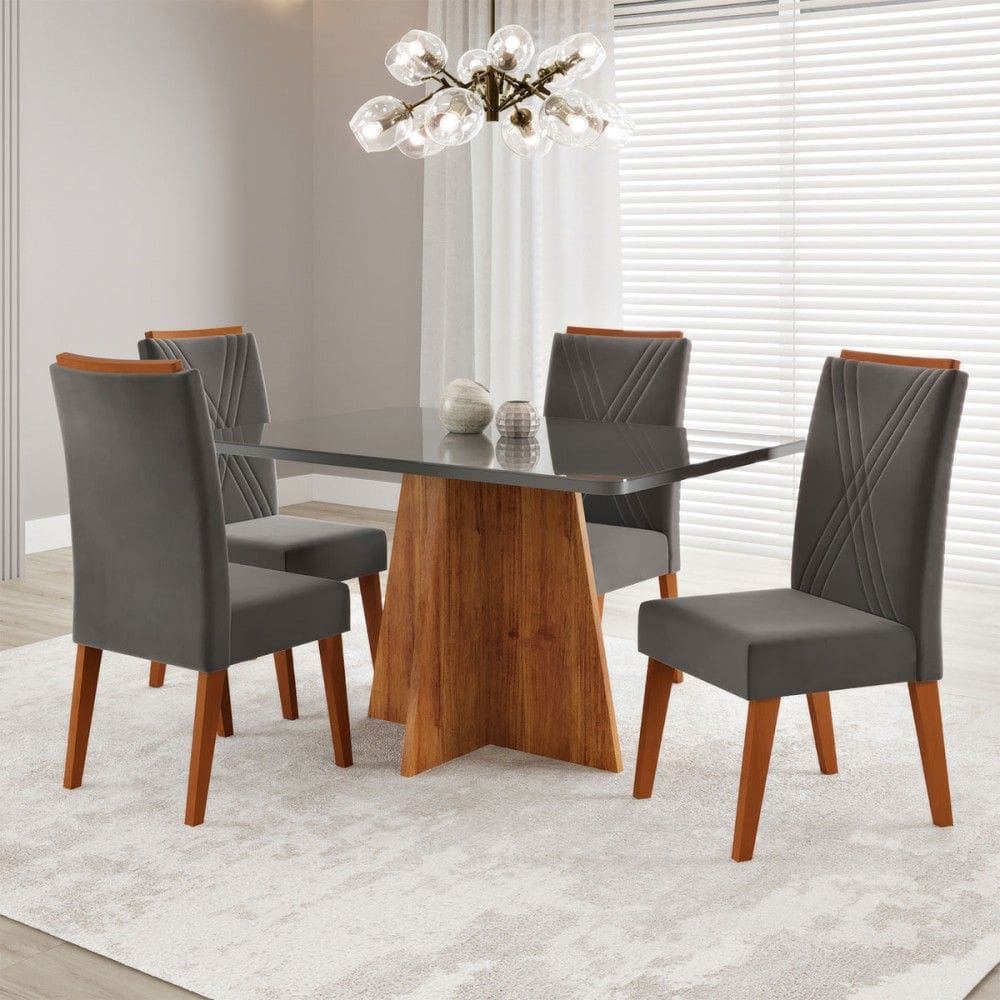 Mesa de Jantar 4 Lugares Stilo com Vidro Marrom/Vidro Grafite/Veludo Cinza - Viero Móveis