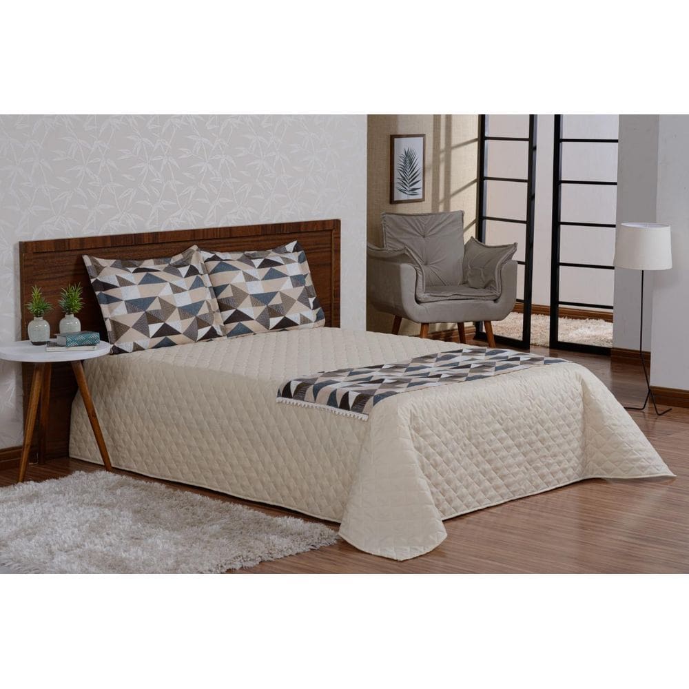 Colcha Com Xale E Lençol 5 Peças Valencia Cáqui Luxo Casal