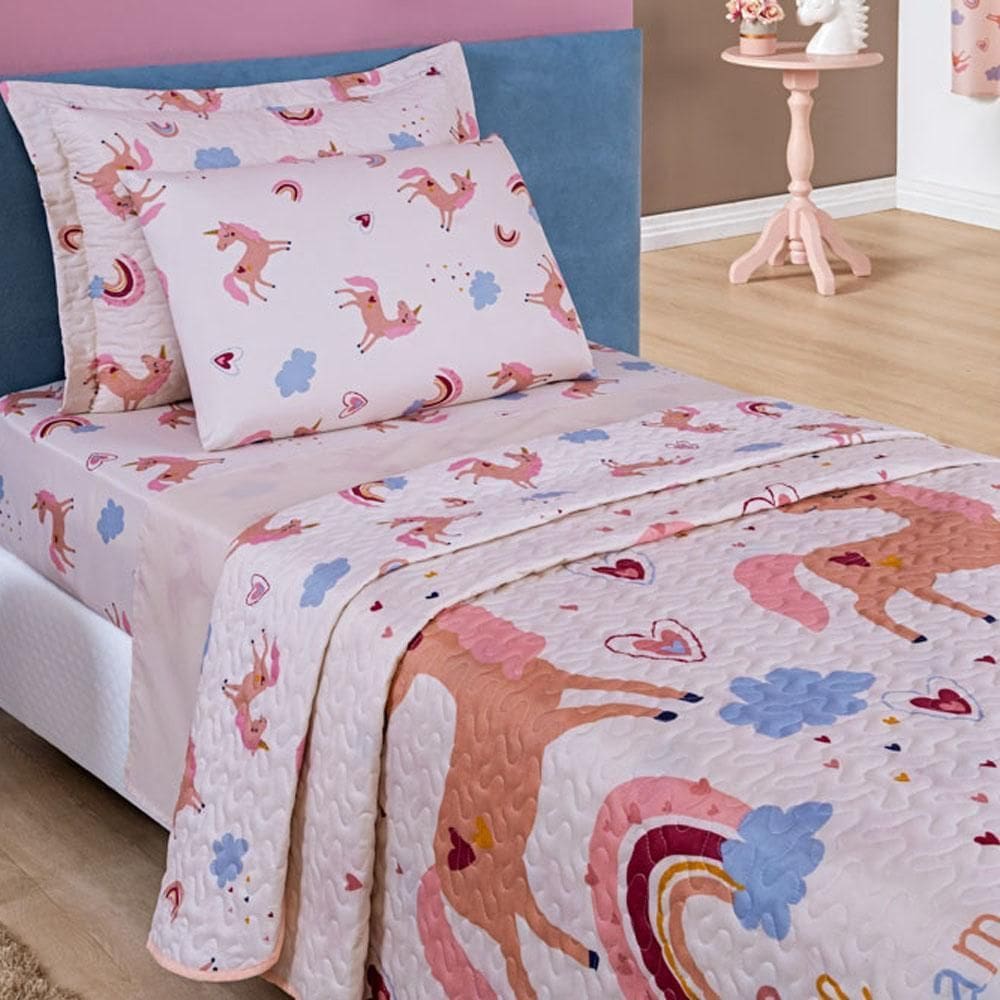 Kit 5Pçs Colcha Solteiro +Jogo De Lençol Unicórnio Rosa