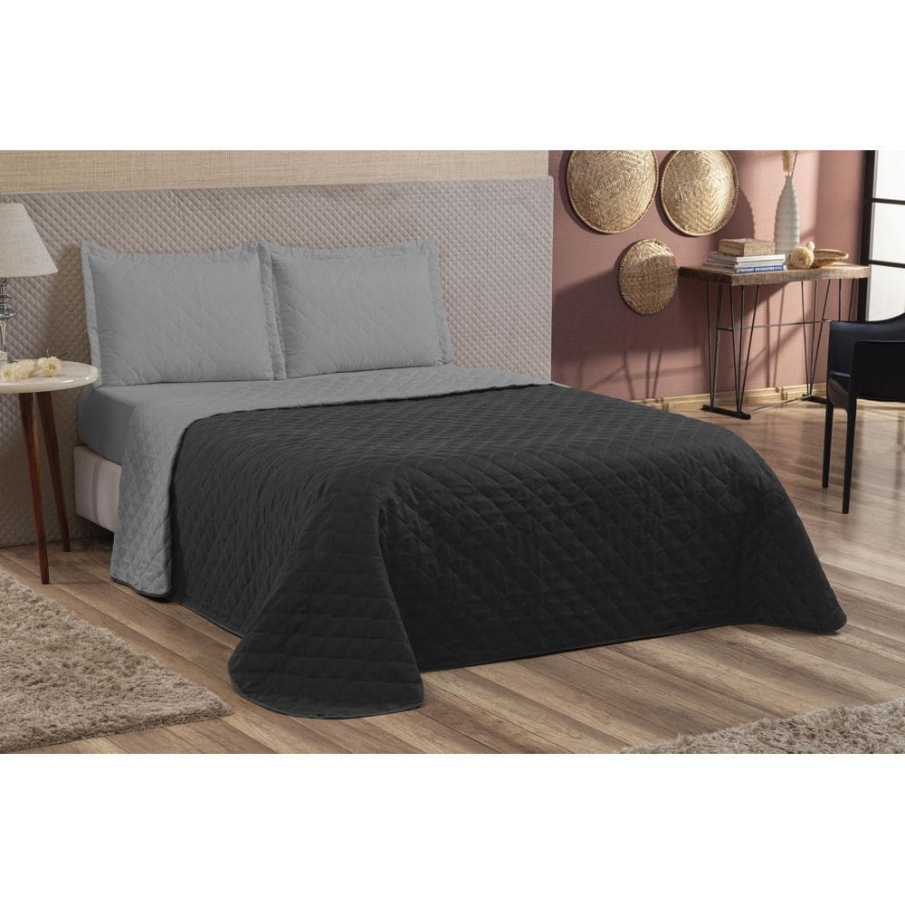 Kit Colcha Cobre Leito Casal Queen Viés 3 Peças Preto/Cinza