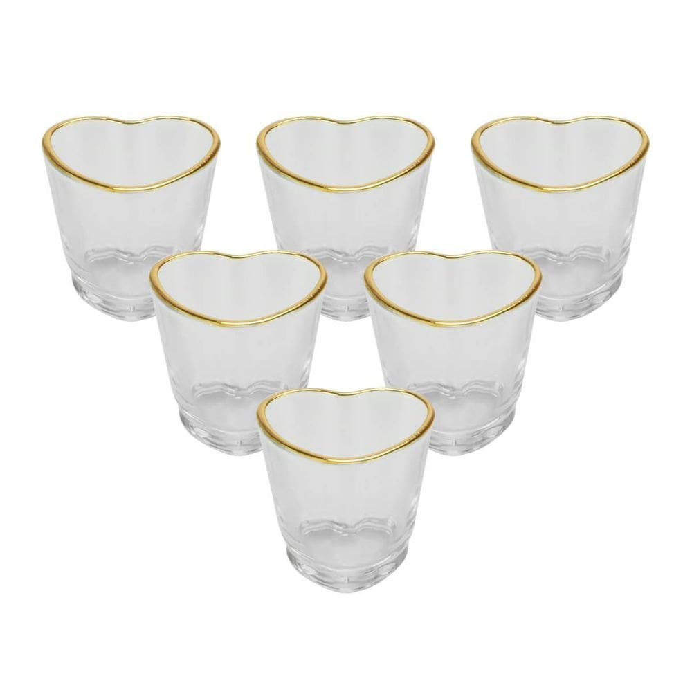 Kit 6 Copos Shot Coração Vidro Com Borda Dourada 50Ml