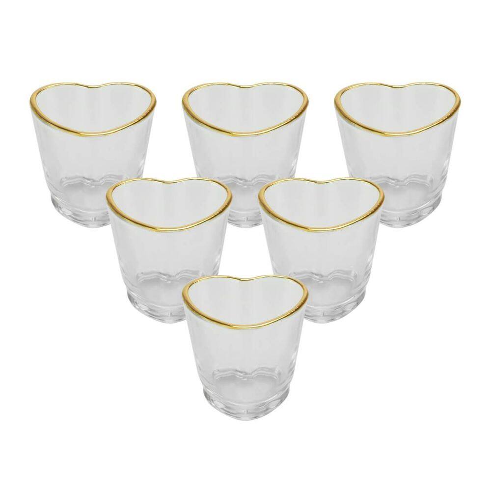 Kit 6 Copos Shot Coração Vidro Com Borda Dourada 50Ml