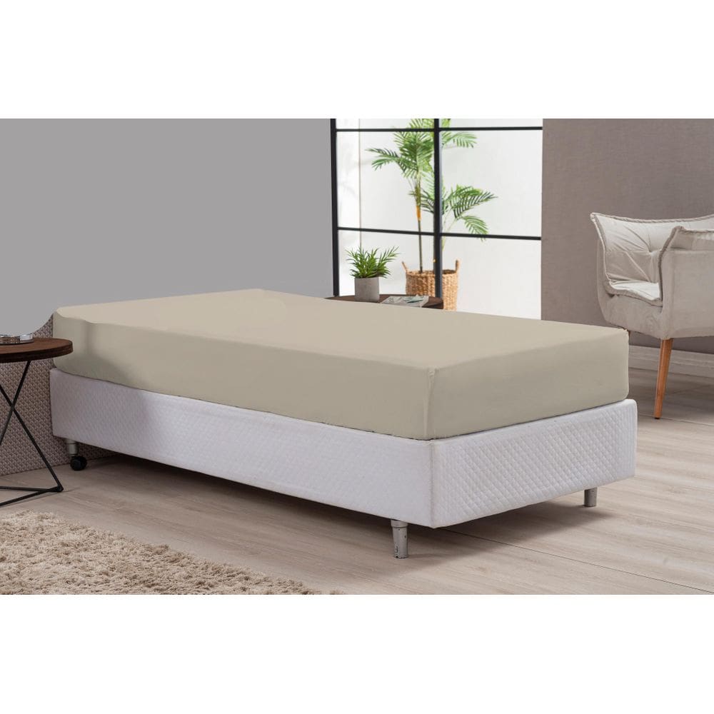 Lençol De Cama Solteiro Bege Percal 180 Fios Algodão