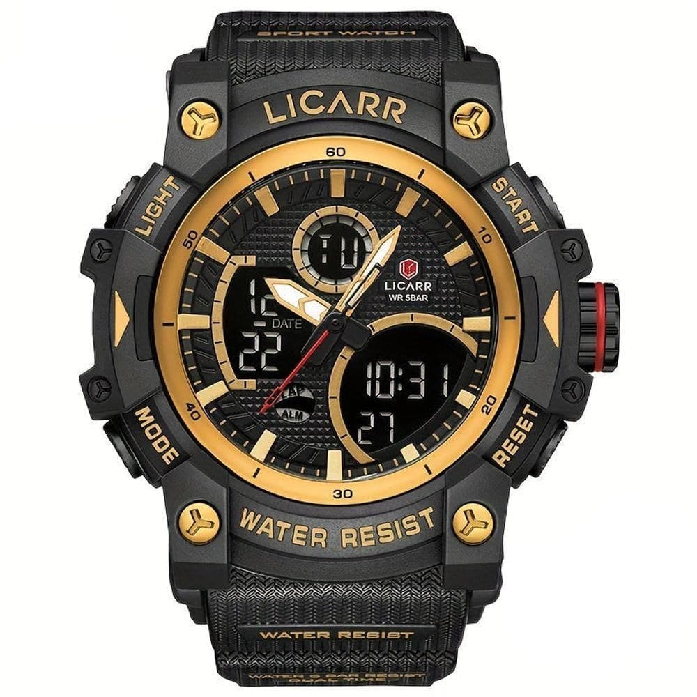 Relógio Desportivo Digital Masculino Duplo Display A Prova De água 5atm Estilo Casual Dourado Preto