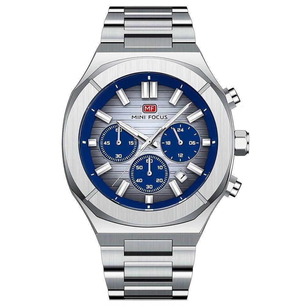 Relógio De Quartzo Multifuncional Para Homens Com Pulseira Em Aço Inoxidável Prata Azul