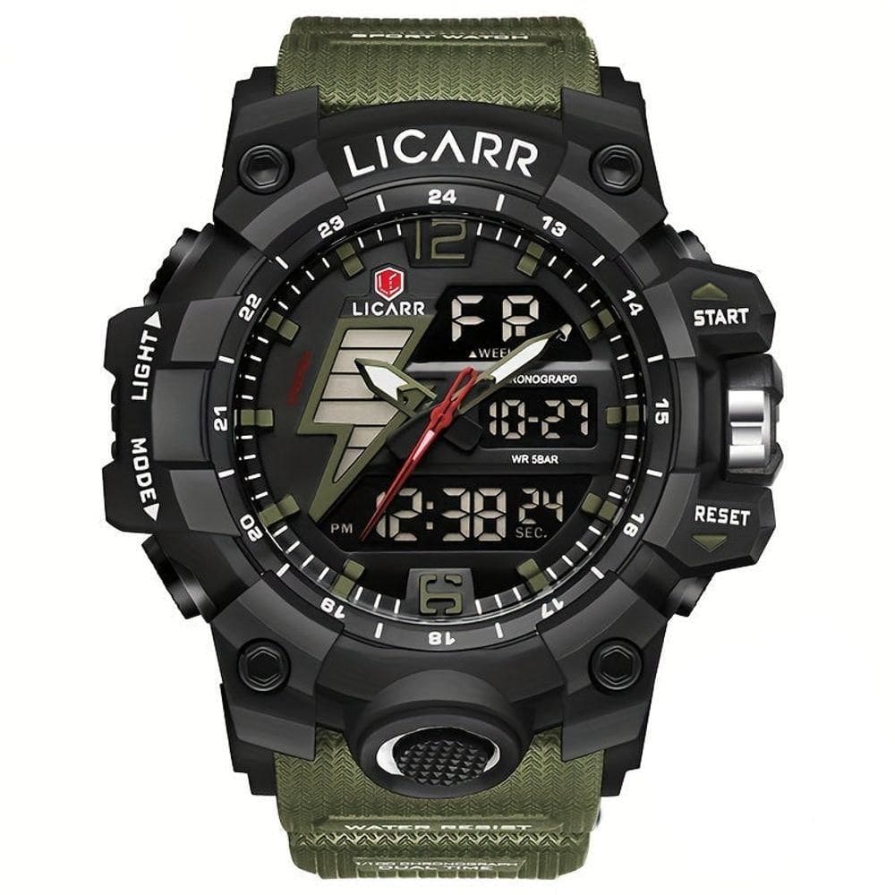 Relógio Esportivo Exibição Dupla Masculino 5atm à Prova De água Quartzo Estilo Militar Exército Verde
