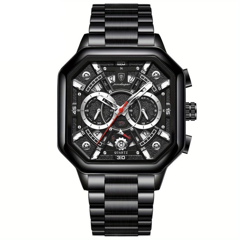 Relógio De Quartzo Com Cronógrafo Mostrador Luminoso Pulseira Em Aço Inoxidável 5atm Preto Prata