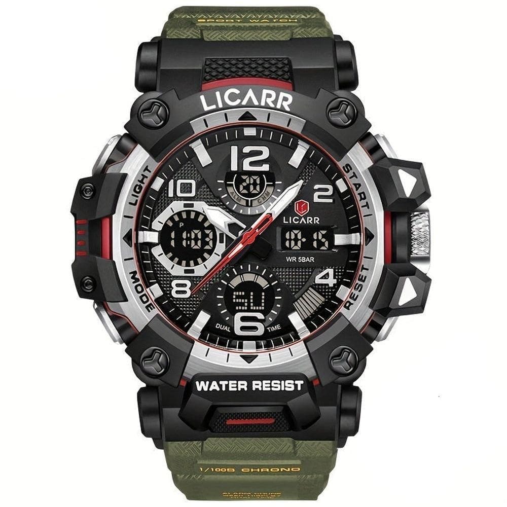 Relógio Digital Masculino à Prova De água 5atm Duplo Display Esportivo Quartzo Exército Verde