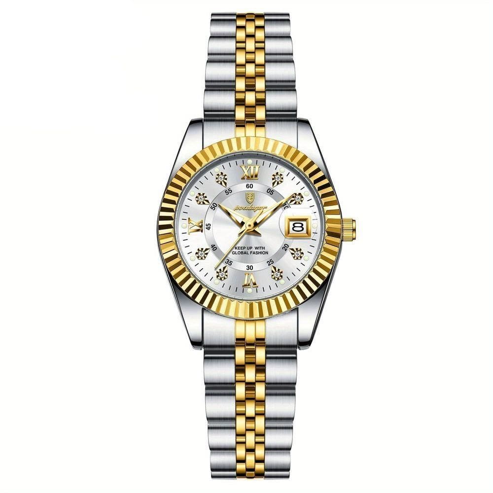 Relógio Feminino Elegante Com Strass Em Aço Inoxidável De Quartzo Casual Branco Dourado