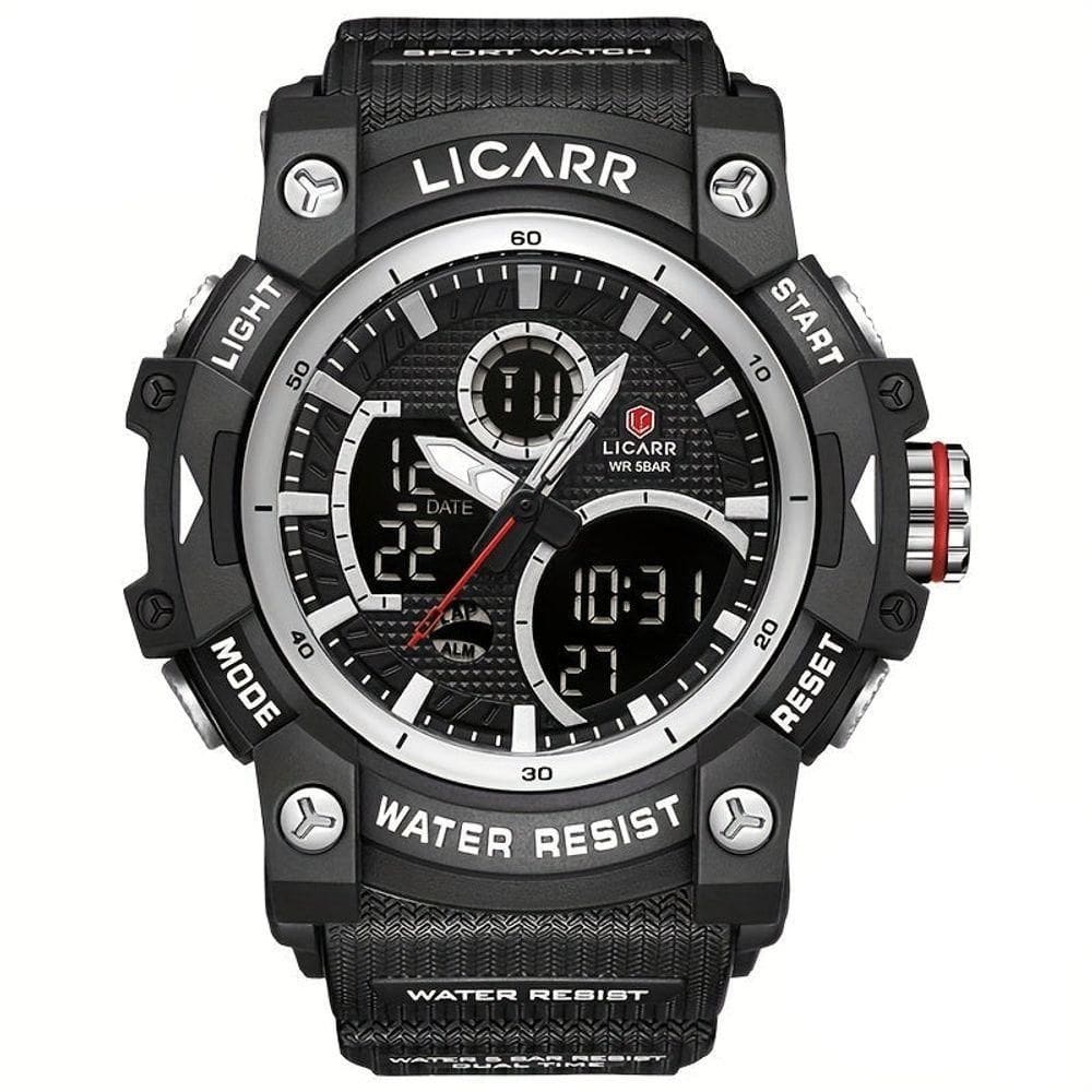Relógio Desportivo Digital Masculino Duplo Display A Prova De água 5atm Estilo Casual Prateado Preto A