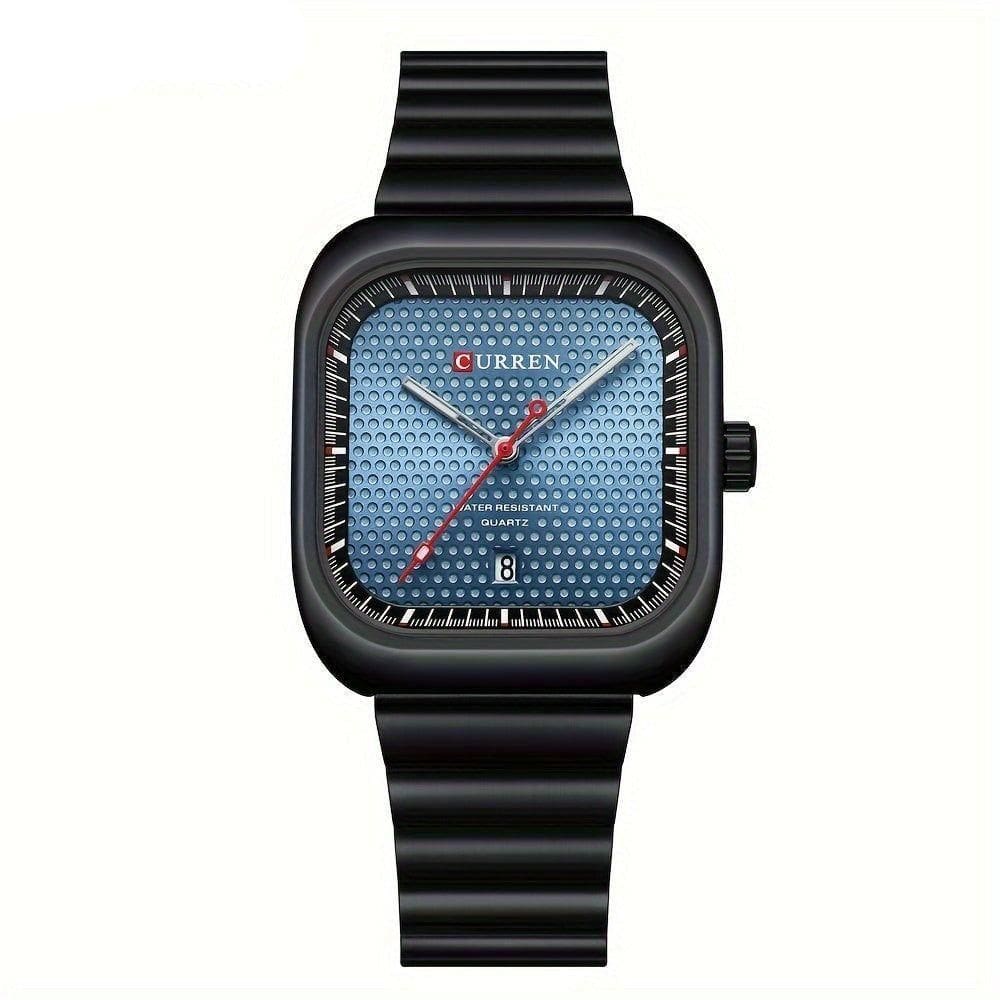 Relógio Casual Masculino De Quartzo Pulseira De Aço Inoxidável Quadrado Azul Preto