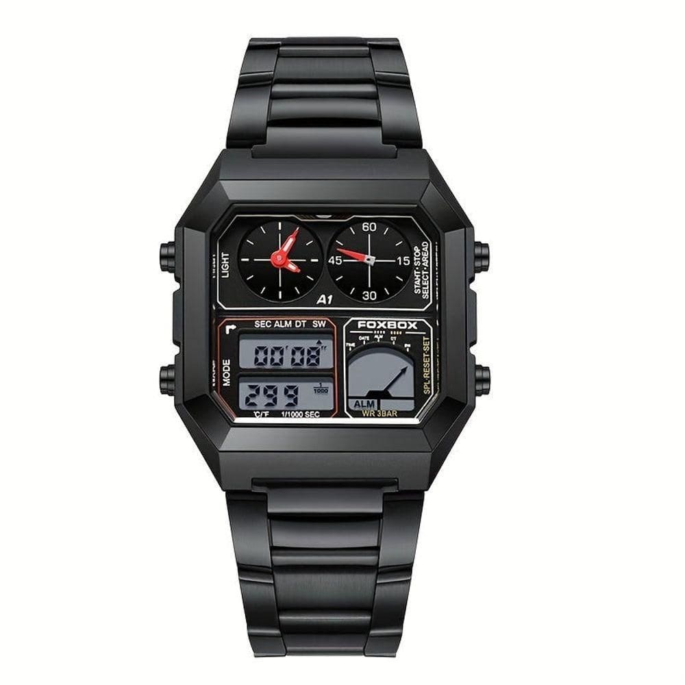 Relógio Digital Masculino Design Clássico Duplo Display Em Aço Inoxidável 3atm Preto