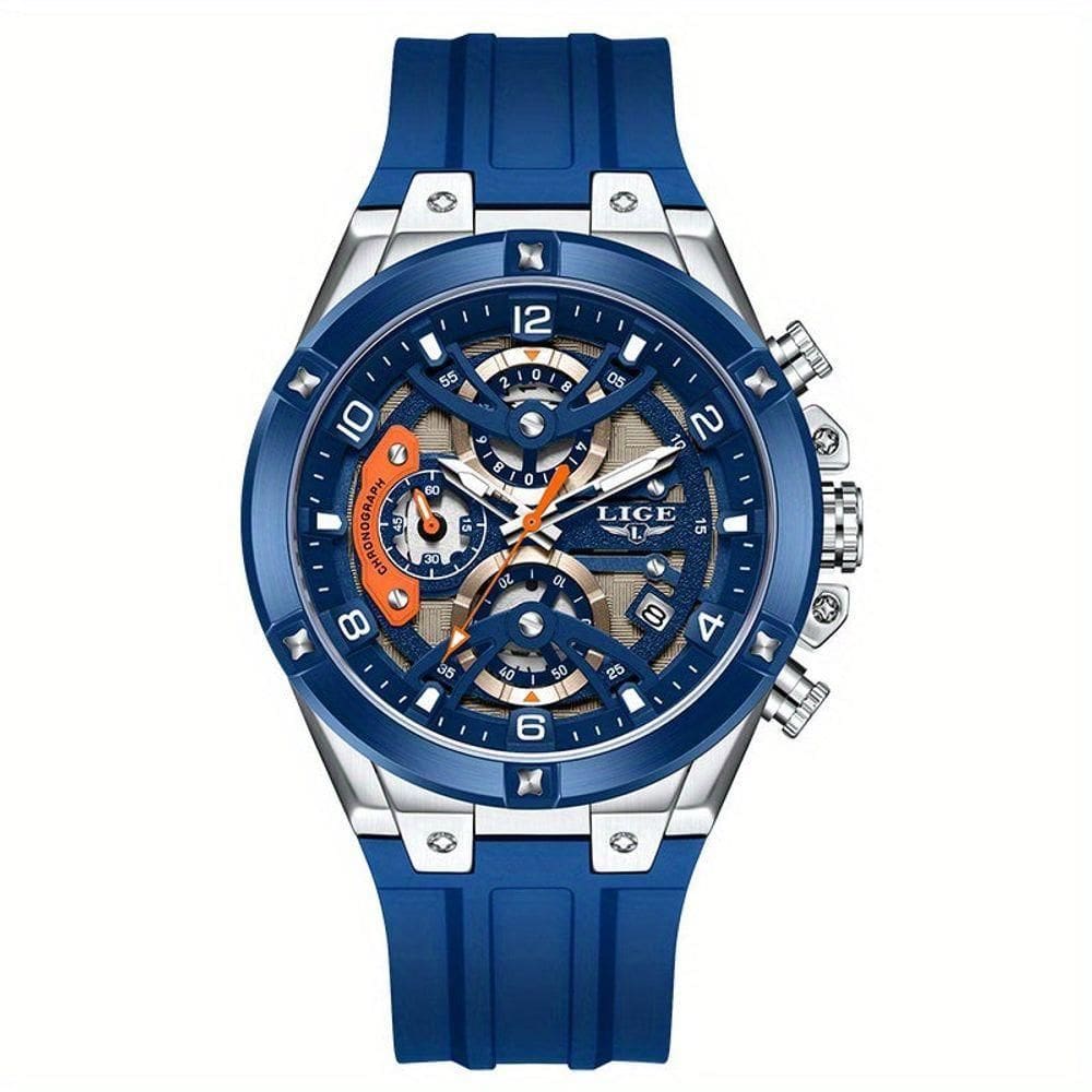 Relógio Esportivo Masculino Com Cronógrafo Movimento Quartzo Resistente Até 3atm Azul Prateado