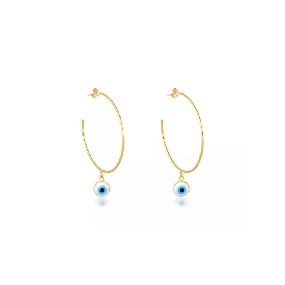Brinco Argola Média Olho Grego Folheado Em Ouro 18k