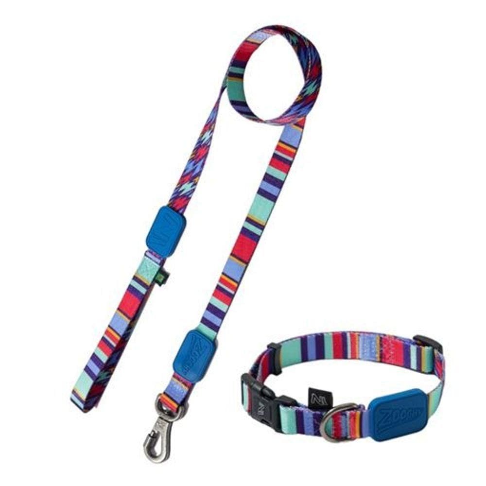 Coleira E Guia Ajustáveis Para Cães - Estilo Azul Com Listras E Raios, Tamanho M