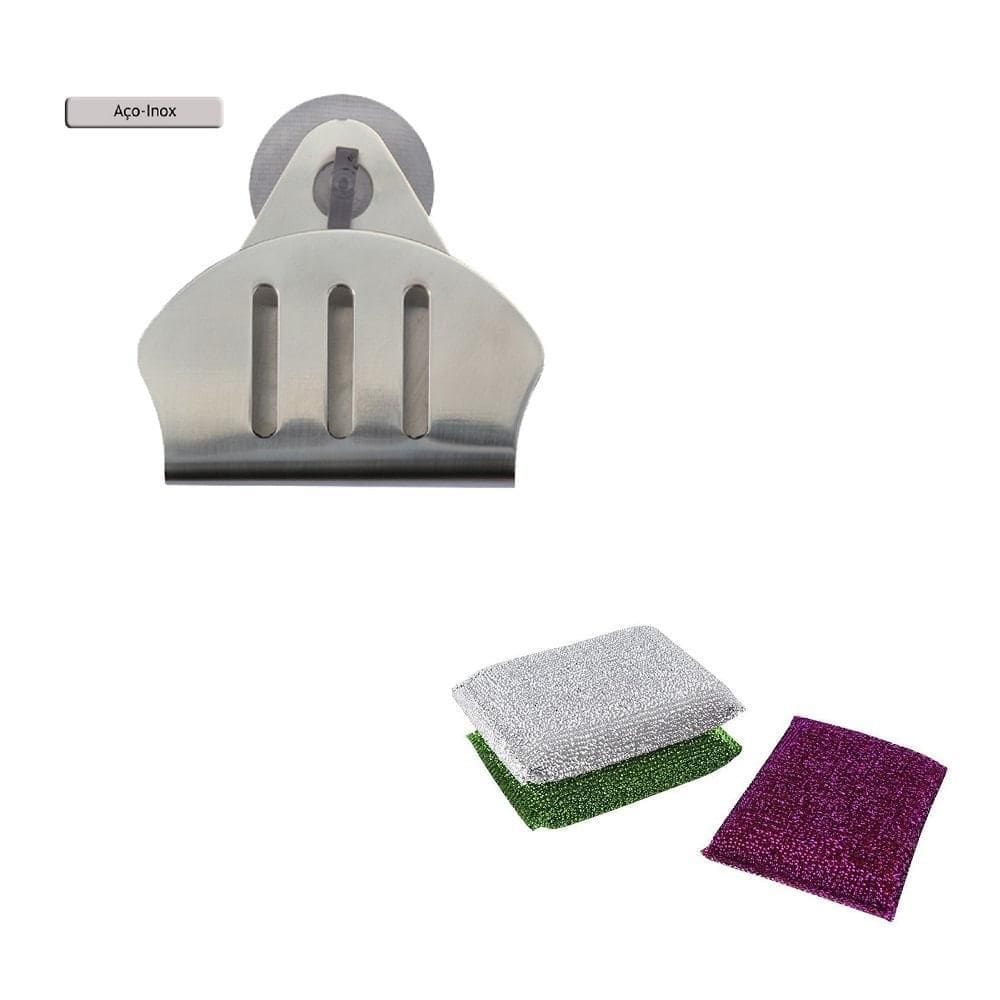 Porta Esponja De Inox Ventosa Concha E 3 Esponjas Anti Risco