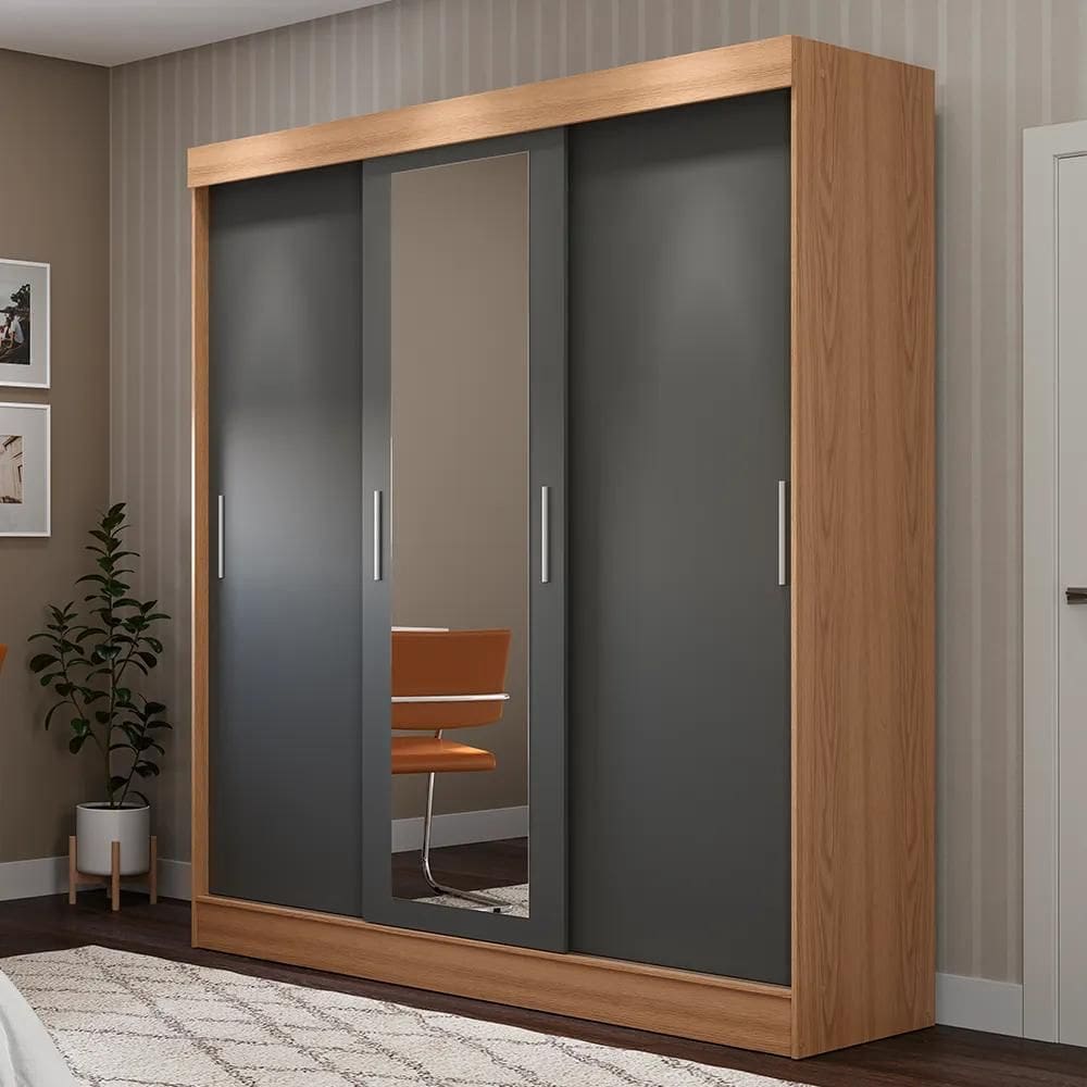 Guarda-Roupa Casal com Espelho 3 Portas 2 Gavetas Philip 172 cm - Carvalho c/ Grafite Fosco