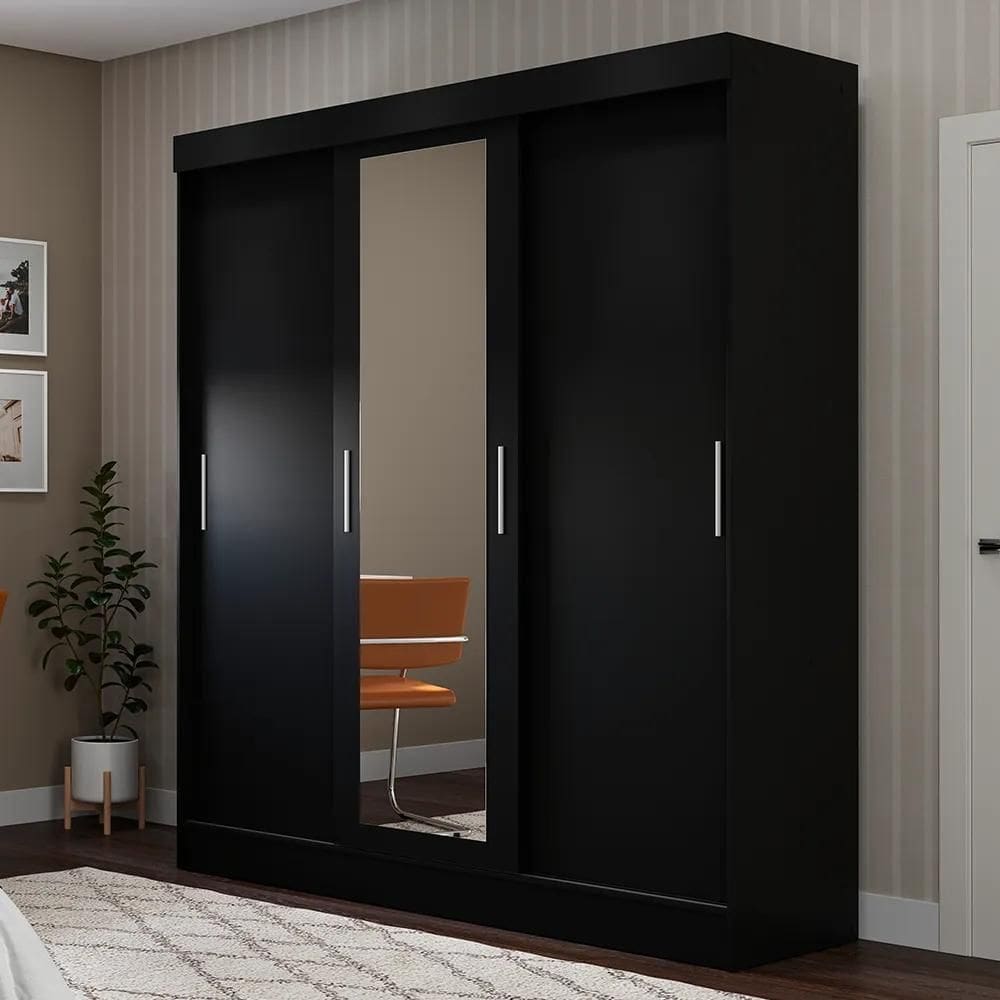 Guarda-Roupa Casal com Espelho 3 Portas 2 Gavetas Philip 172 cm - Preto Fosco