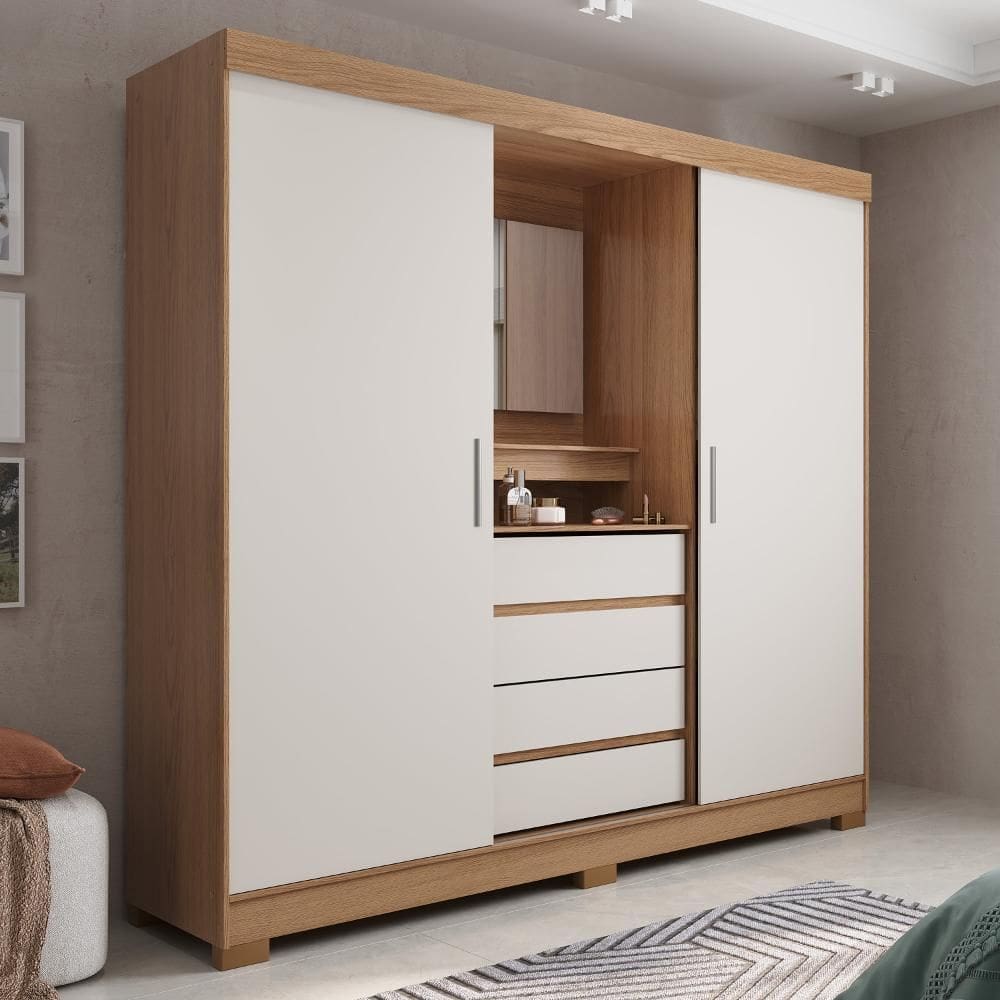 Guarda-Roupa Casal com Espelho 2 Portas de Correr 4 Gavetas Finley 184 cm - Carvalho c/ Off White