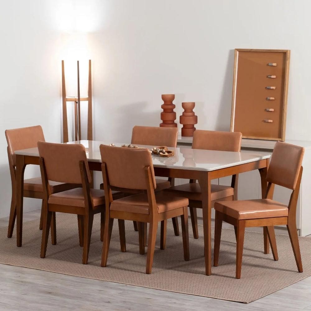 Conjunto de Jantar Mesa com Vidro 6 Cadeiras Ella - Natural c/ Caramelo