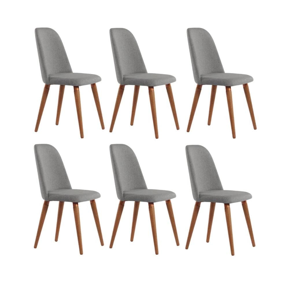 Kit com 6 Cadeiras de Madeira Maciça Estofada New Drop - Natural c/ Linho Cinza - Cobre