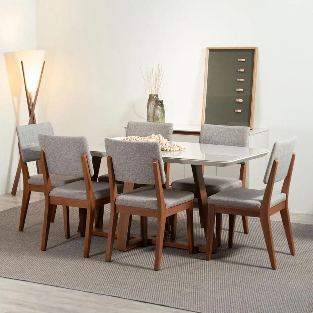 Conjunto de Jantar Mesa com Vidro Bennett 6 Cadeiras Ella - Natural c/ Mescla Cinza