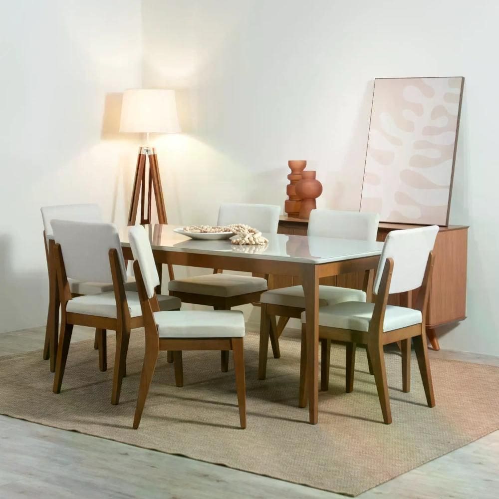 Conjunto de Jantar Mesa com Vidro 6 Cadeiras Ella - Natural c/ Off White