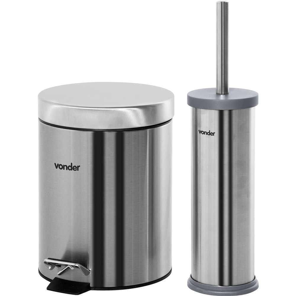Lixeira Redonda 5l Inox Cinza Com Escova Sanitária Vonder