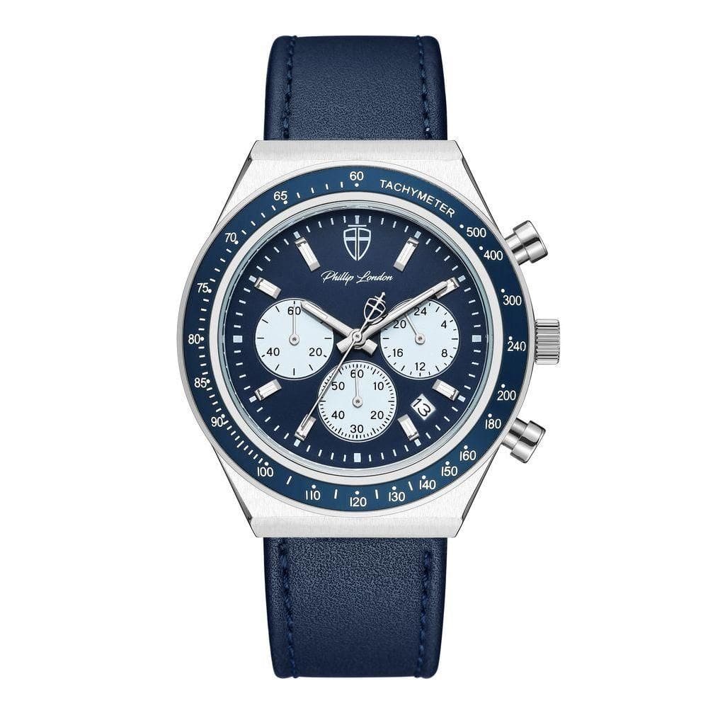 Relógio Masculino London Leather Silver Blue 43mm