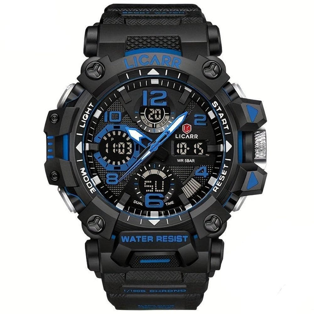 Relógio Digital Masculino à Prova De água 5atm Duplo Display Esportivo Quartzo Azul Preto