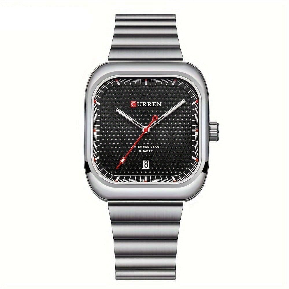 Relógio Casual Masculino De Quartzo Pulseira De Aço Inoxidável Quadrado Prata Preto