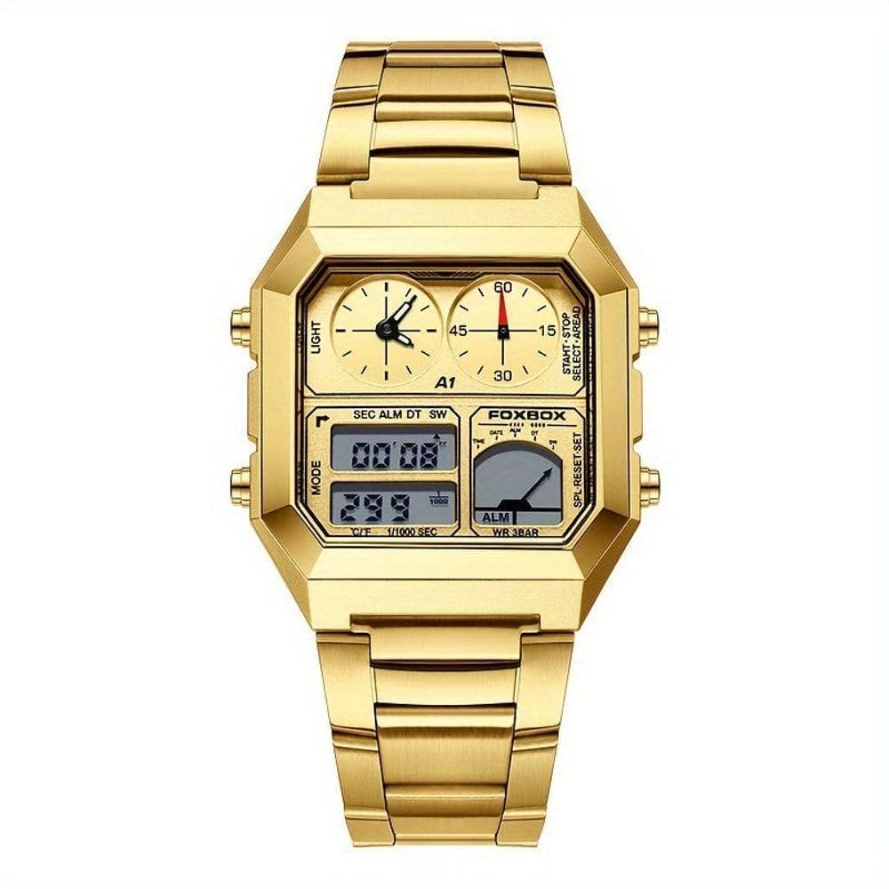 Relógio Digital Masculino Design Clássico Duplo Display Em Aço Inoxidável 3atm Dourado