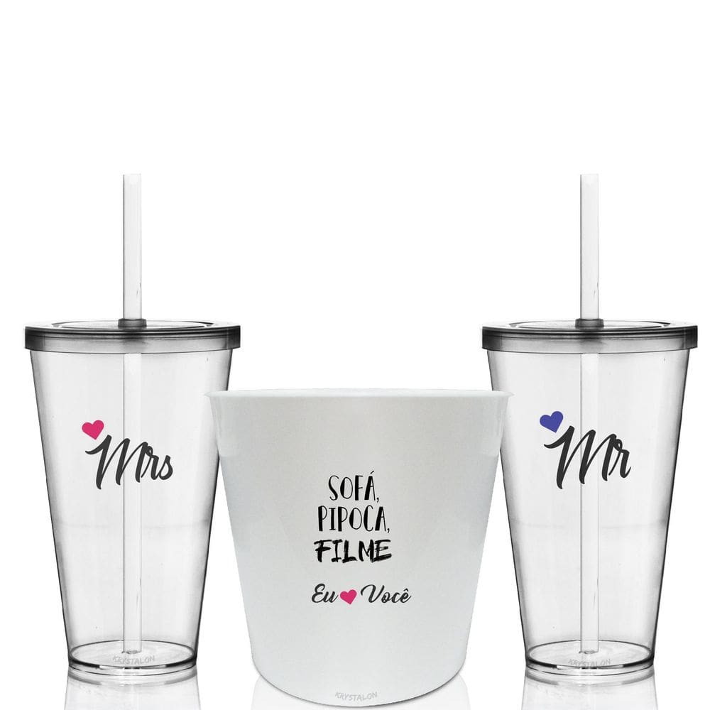Kit 2 Copos E Balde De Pipoca Namorados