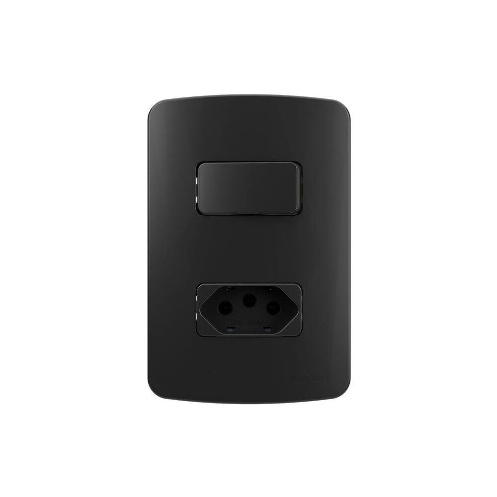Interruptor Simples 10A e Tomada 2P+T 20A MarGirius B3 Colors com Placa 4x2 Preto Ebony