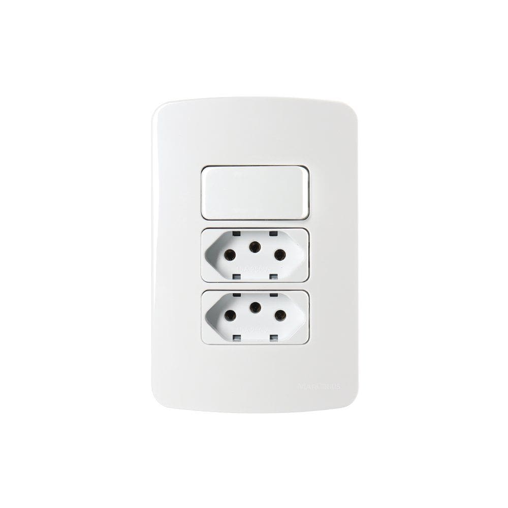 Interruptor Simples 10A e Tomada Dupla 2P+T 10A MarGirius B3 com Placa 4x2 Branco