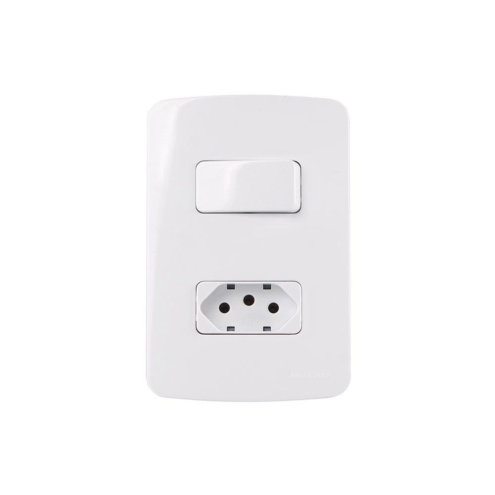 Interruptor Simples 10A e Tomada 2P+T 10A MarGirius B3 com Placa 4x2 Branco