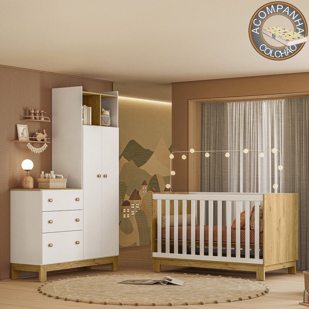 Quarto de Bebê com Berço Mini Cama e Roupeiro com Cômoda QEncanto Slim Freijó Branco Acetinado Qmovi + Colchão Gazin
