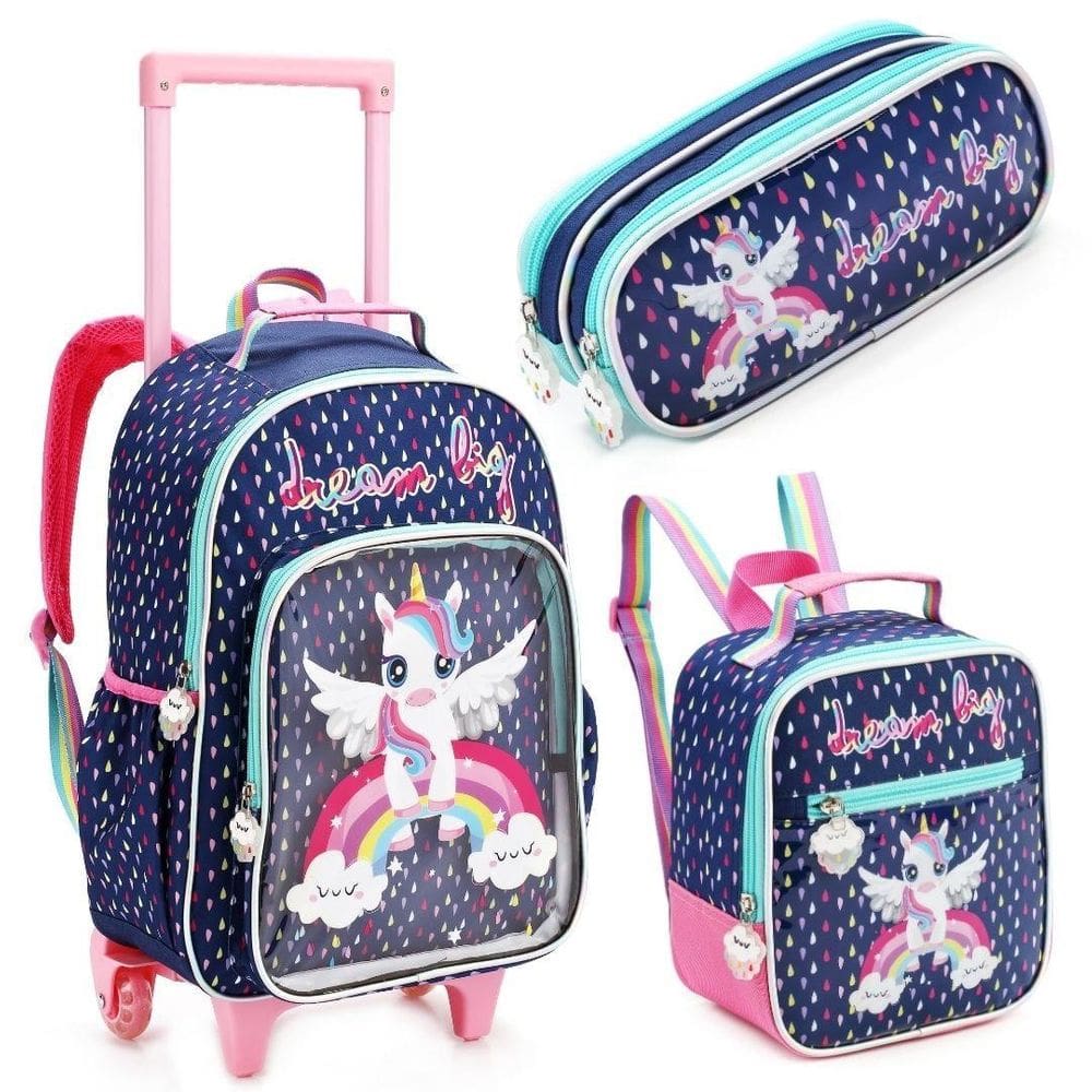 Kit Mochila Rodas Lancheira Estojo Unicórnio Azul - 3 Peças