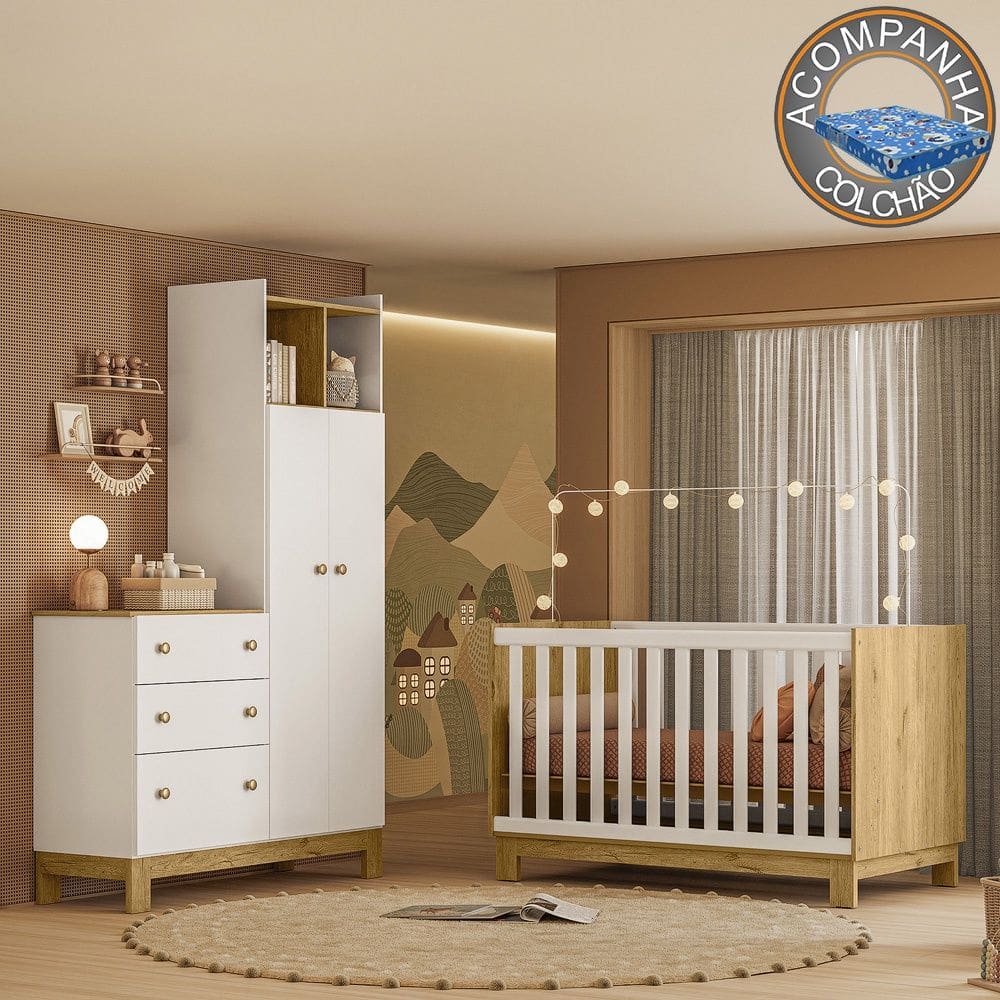 Quarto de Bebê com Berço Mini Cama e Roupeiro com Cômoda QEncanto Slim Freijó Branco Acetinado Qmovi + Colchão Ortobom