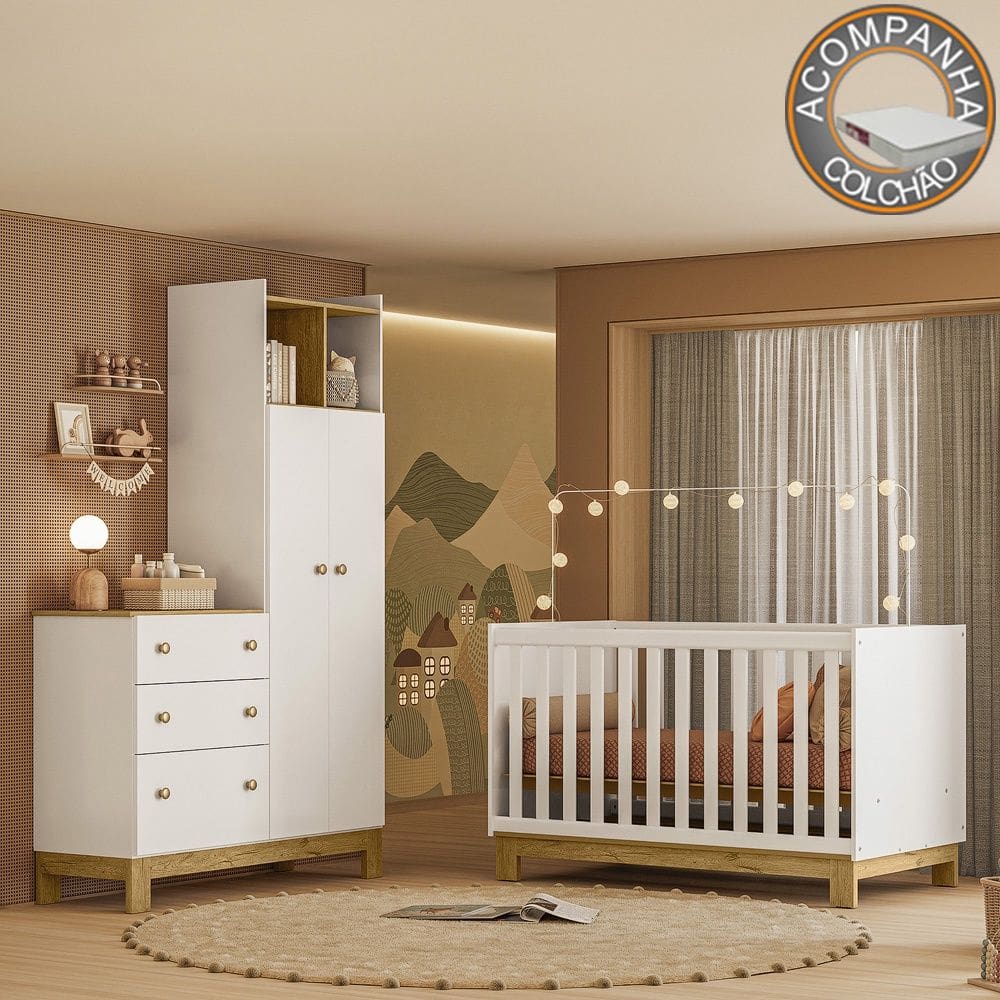 Quarto de Bebê com Berço Mini Cama e Roupeiro com Cômoda QEncanto Slim Freijó Branco Acetinado Qmovi + Colchão Ortobom