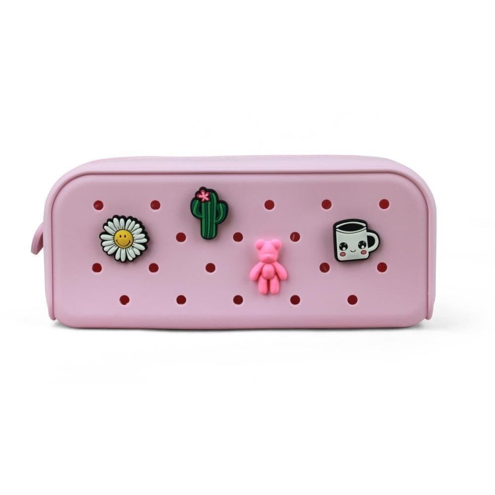 Estojo Escolar Silicone Com 4 Pingentes Charm Polibras Rosa