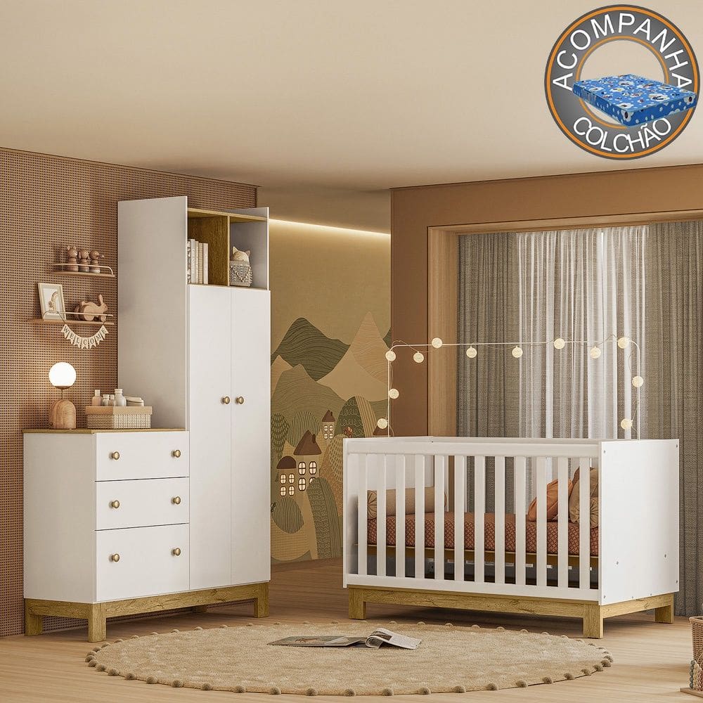 Quarto de Bebê com Berço Mini Cama e Roupeiro com Cômoda QEncanto Slim Freijó Branco Acetinado Qmovi + Colchão Ortobom