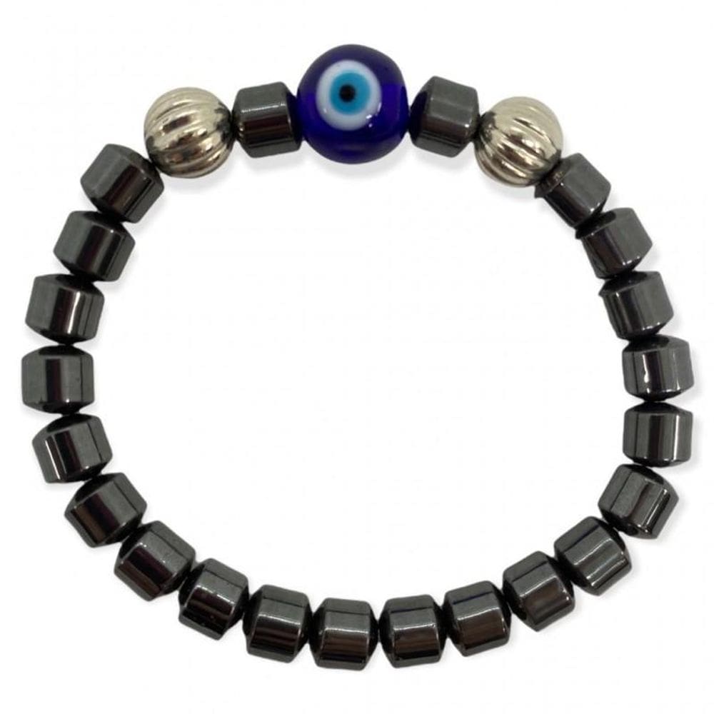 Pulseira Olho Grego Azul E Hematita Cilindrica E Silicone