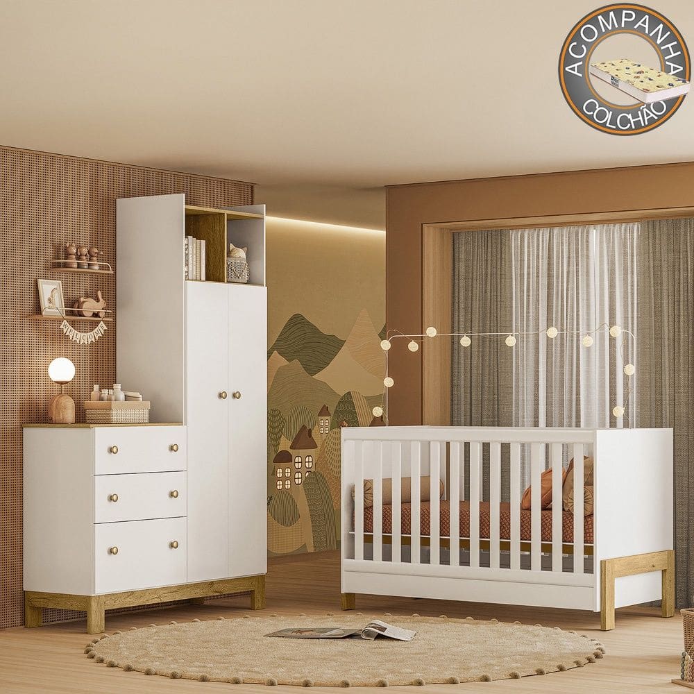 Quarto de Bebê com Berço Mini Cama Fantasia e Roupeiro com Cômoda QEncanto Slim Freijó Branco Acetinado Qmovi + Colchão Gazin