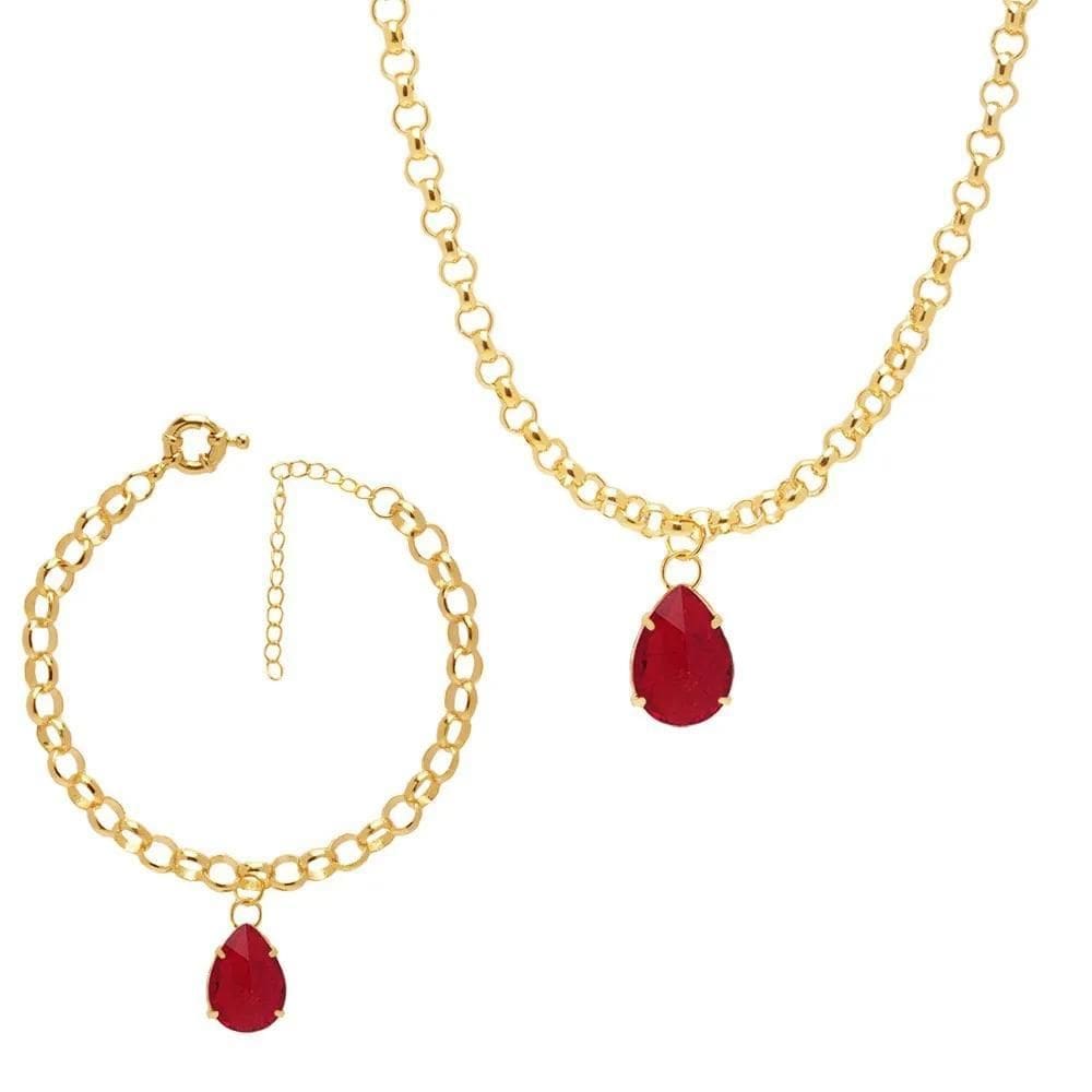 Conjunto Colar Pulseira Armazém Rr Bijoux Gota Vermelho