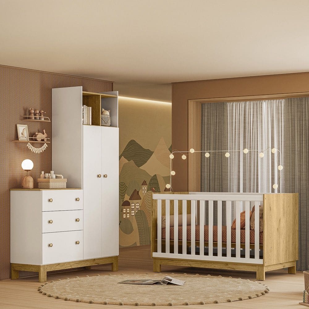 Quarto de Bebê com Berço Mini Cama e Roupeiro com Cômoda QEncanto Slim Freijó Branco Acetinado Qmovi