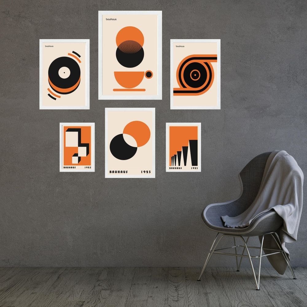 Kit Composição 6 Quadros Bauhaus Laranja E Preto - Com Vidro