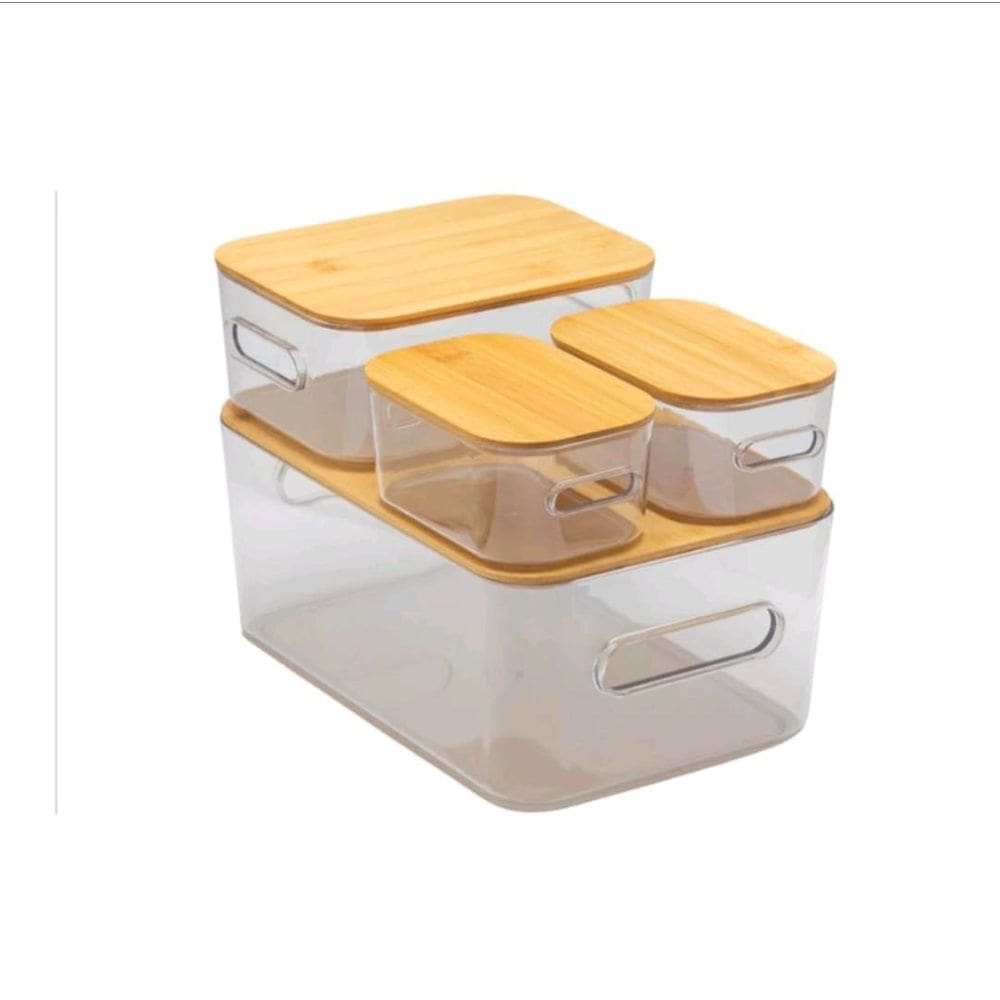 Kit 4 Caixas Organizadoras de Acrílico com Tampa de Bambu