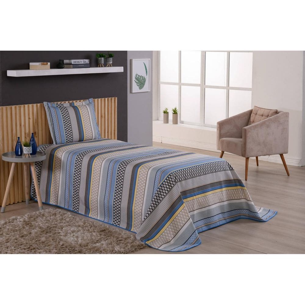Colcha Cobre Leito Viena Soteiro 2 Peças Listrado - Azul